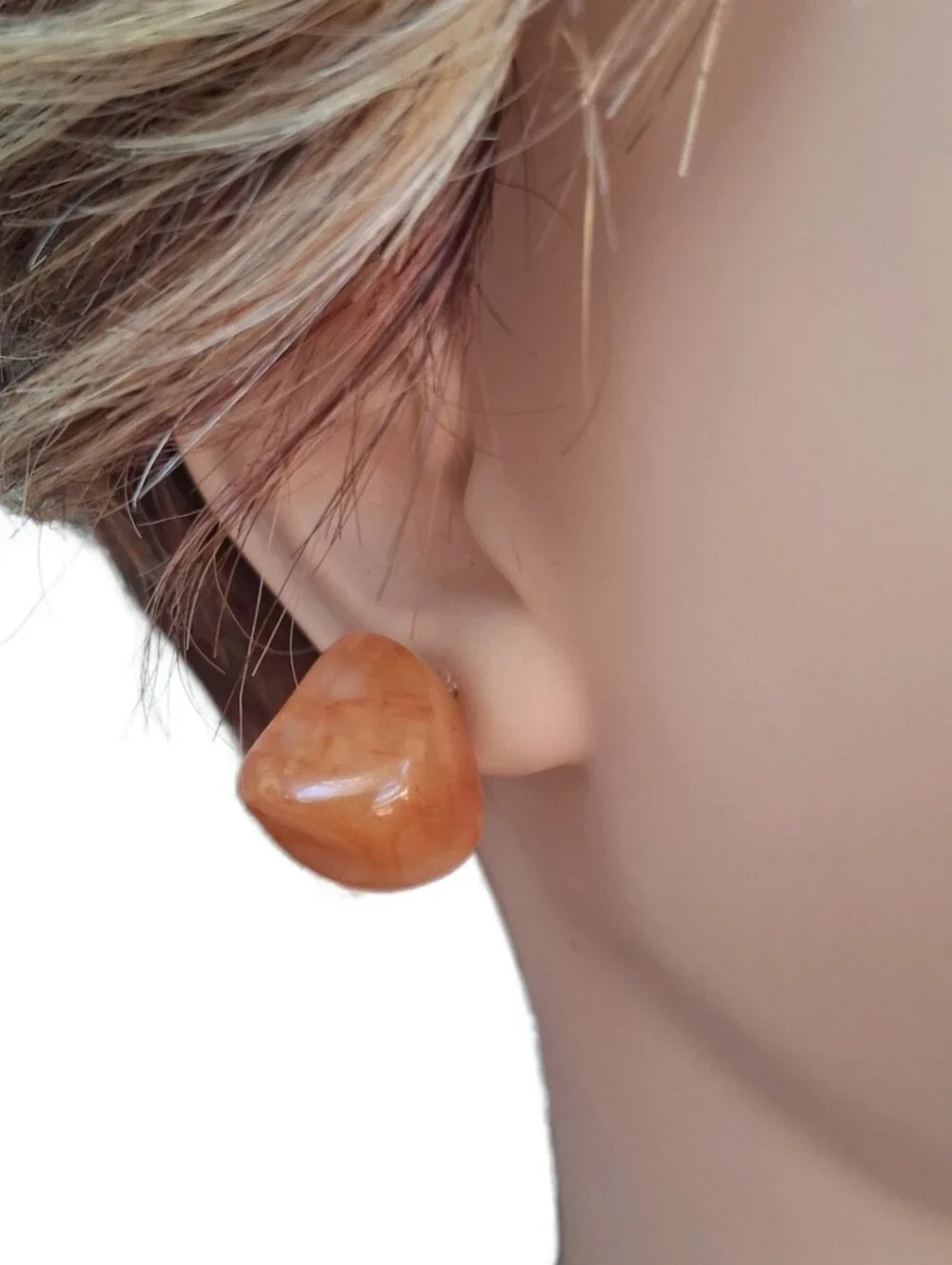 VTG Genuine Carnelian Agate Tumbled Stone Screw Back Earrings Mid Century
